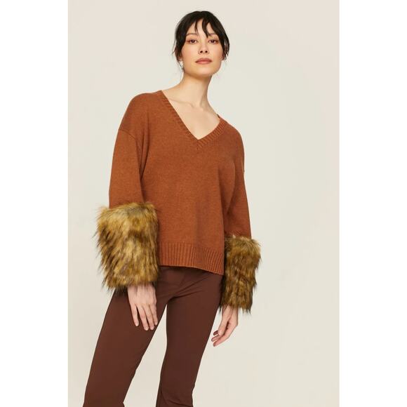 NAADAM Cashmere Sweater with Faux Fur Cuff Sleeves in Rust Brown - Picture 2 of 9